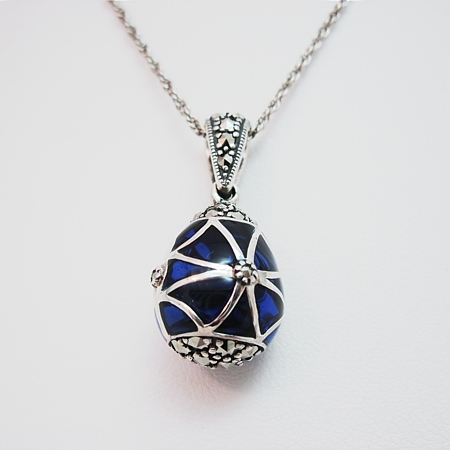 Blue Enamel 'Faberge' Egg Marcasite Pendant w/chain - Click Image to Close